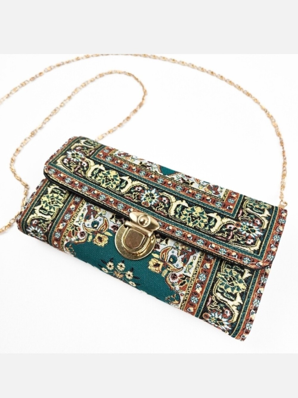 NWT Brocade Crossbody Clutch Purse, Green, Tan, and Gold